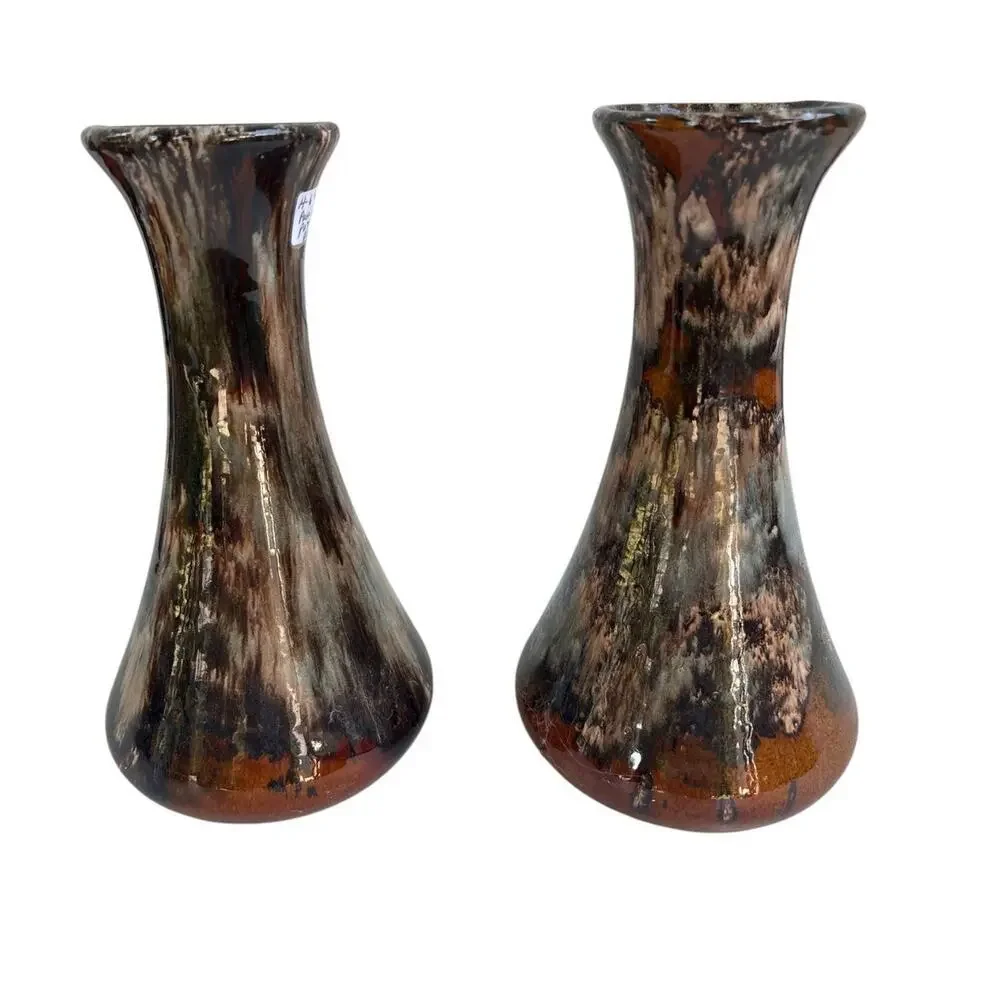 Antique Brush McCoy Onyx Art Pottery Vase Pair #64 Brown Drip Glaze 1930s